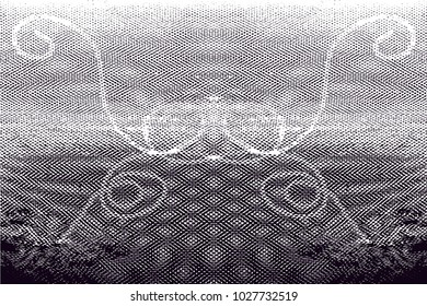 Distressed background in black and white texture with  dark spots, scratches and lines. Abstract vector illustration
