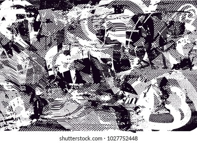Distressed background in black and white texture with  dark spots, scratches and lines. Abstract vector illustration