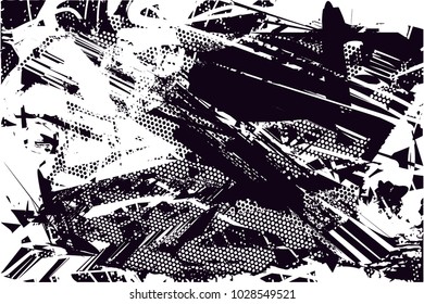 Distressed background in black and white texture with  dark spots, scratches and lines. Abstract vector illustration