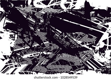 Distressed background in black and white texture with  dark spots, scratches and lines. Abstract vector illustration