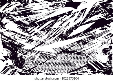Distressed background in black and white texture with  dark spots, scratches and lines. Abstract vector illustration
