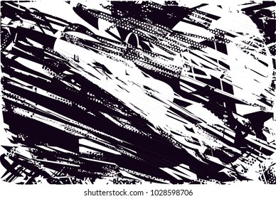 Distressed background in black and white texture with  dark spots, scratches and lines. Abstract vector illustration