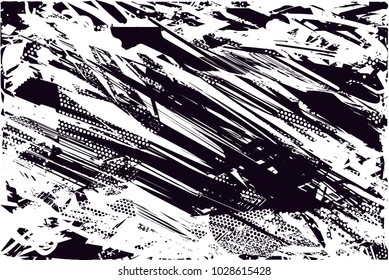 Distressed background in black and white texture with  dark spots, scratches and lines. Abstract vector illustration