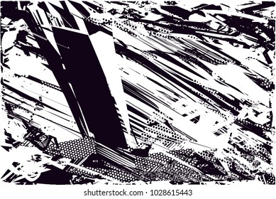 Distressed background in black and white texture with  dark spots, scratches and lines. Abstract vector illustration