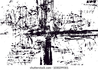 Distressed background in black and white texture with cross, dark spots, scratches and lines. Abstract vector illustration