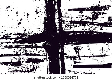 Distressed background in black and white texture with  cross, dark spots, scratches and lines. Abstract vector illustration