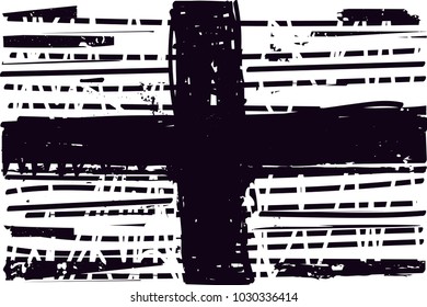 Distressed background in black and white texture with  cross, dark spots, scratches and lines. Abstract vector illustration