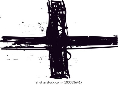 Distressed background in black and white texture with  cross, dark spots, scratches and lines. Abstract vector illustration