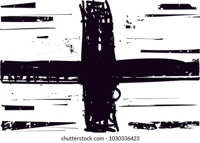 Distressed background in black and white texture with  cross, dark spots, scratches and lines. Abstract vector illustration