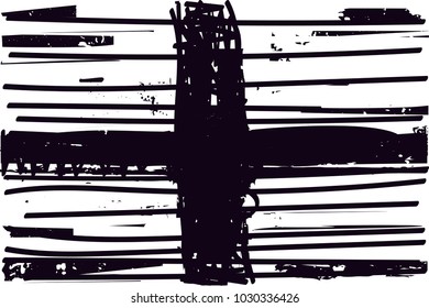 Distressed background in black and white texture with  cross, dark spots, scratches and lines. Abstract vector illustration