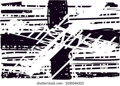Distressed background in black and white texture with  dark crosses, spots, scratches and lines. Abstract vector illustration