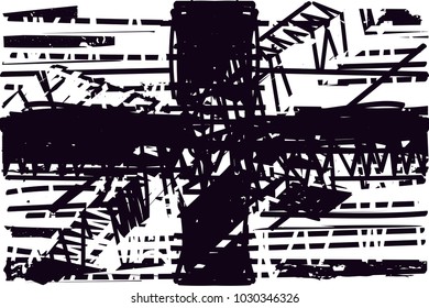 Distressed background in black and white texture with  dark crosses, spots, scratches and lines. Abstract vector illustration