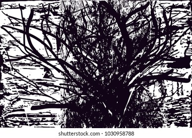 Distressed background in black and white texture with branches,  dark spots, scratches and lines. Abstract vector illustration