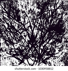 Distressed background in black and white texture with branches,  dark spots, scratches and lines. Abstract vector illustration