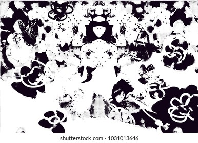 Distressed background in black and white texture with  blossom, dark spots, scratches and lines. Abstract vector illustration