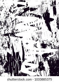 Distressed background in black and white texture with  dark spots, scratches and lines. Abstract vector illustration