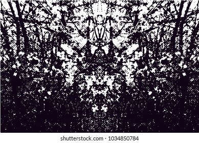 Distressed background in black and white texture with  blossom, dark spots, scratches and lines. Floral vector illustration