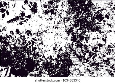 Distressed background in black and white texture with  blossom, dark spots, scratches and lines. Floral vector illustration