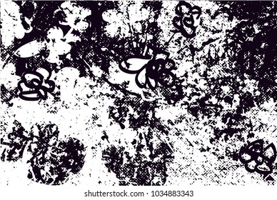 Distressed background in black and white texture with  blossom, dark spots, scratches and lines. Floral vector illustration