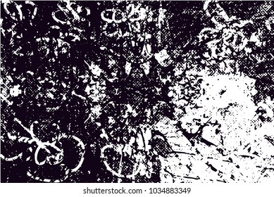 Distressed background in black and white texture with  blossom, dark spots, scratches and lines. Floral vector illustration