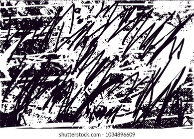 Distressed background in black and white texture with  dark spots, scratches and lines. Abstract vector illustration