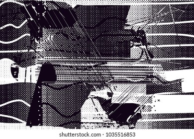 Distressed background in black and white texture with  dark spots, scratches and lines. Abstract vector illustration