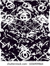 Distressed background in black and white texture with  dark spots, scratches and lines. Abstract vector illustration
