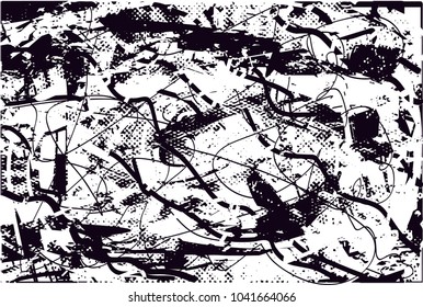 Distressed background in black and white texture with  dark spots, scratches and lines. Abstract vector illustration
