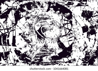 Distressed background in black and white texture with  dark spots, scratches and lines. Abstract vector illustration