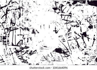 Distressed background in black and white texture with  dark spots, scratches and lines. Abstract vector illustration