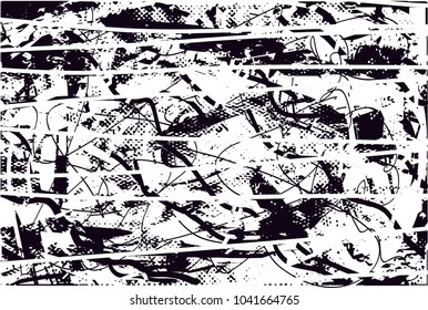 Distressed background in black and white texture with  dark spots, scratches and lines. Abstract vector illustration