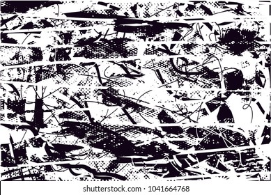 Distressed background in black and white texture with  dark spots, scratches and lines. Abstract vector illustration