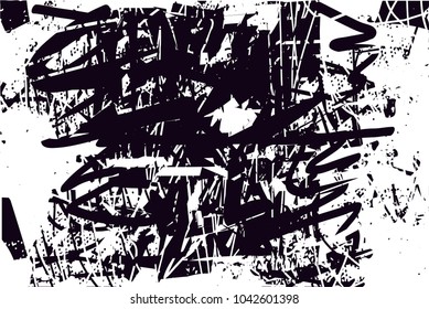 Distressed background in black and white texture with  dark spots, scratches and lines. Abstract vector illustration