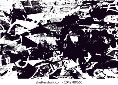 Distressed background in black and white texture with  dark spots, scratches and lines. Abstract vector illustration