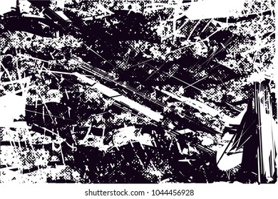 Distressed background in black and white texture with  dark spots, scratches and lines. Abstract vector illustration