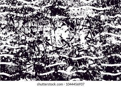 Distressed background in black and white texture with  dark spots, scratches and lines. Abstract vector illustration
