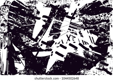 Distressed background in black and white texture with  dark spots, scratches and lines. Abstract vector illustration