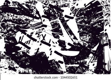 Distressed background in black and white texture with  dark spots, scratches and lines. Abstract vector illustration