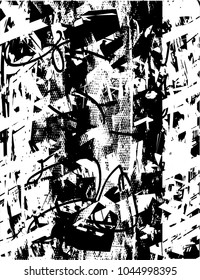 Distressed background in black and white texture with  dark spots, scratches and lines. Abstract vector illustration