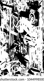 Distressed background in black and white texture with  dark spots, scratches and lines. Abstract vector illustration