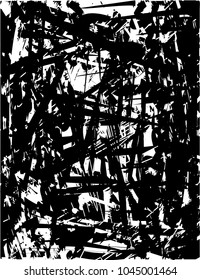 Distressed background in black and white texture with  dark spots, scratches and lines. Abstract vector illustration