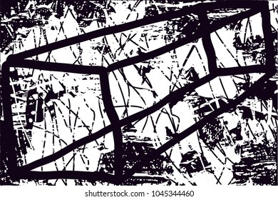 Distressed background in black and white texture with cuboid, dark spots, scratches and lines. Abstract vector illustration