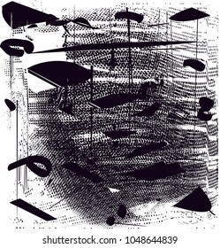 Distressed background in black and white texture with  dark spots, scratches and lines. Abstract vector illustration