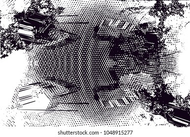 Distressed background in black and white texture with  dark spots, scratches and lines. Abstract vector illustration