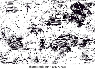 Distressed background in black and white texture with  dark spots, scratches and lines. Abstract vector illustration