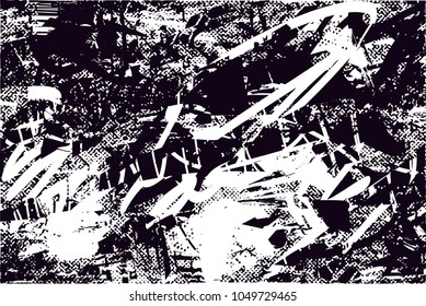 Distressed background in black and white texture with  dark spots, scratches and lines. Abstract vector illustration
