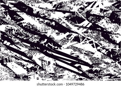 Distressed background in black and white texture with  dark spots, scratches and lines. Abstract vector illustration