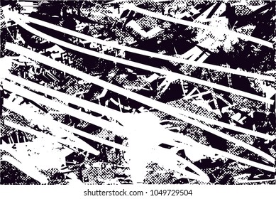 Distressed background in black and white texture with  dark spots, scratches and lines. Abstract vector illustration