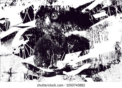 Distressed background in black and white texture with  dark spots, scratches and lines. Abstract vector illustration