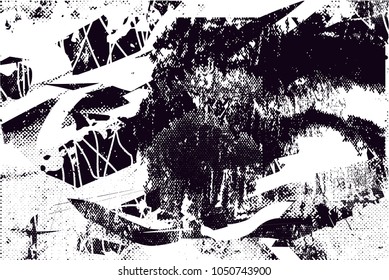 Distressed background in black and white texture with  dark spots, scratches and lines. Abstract vector illustration